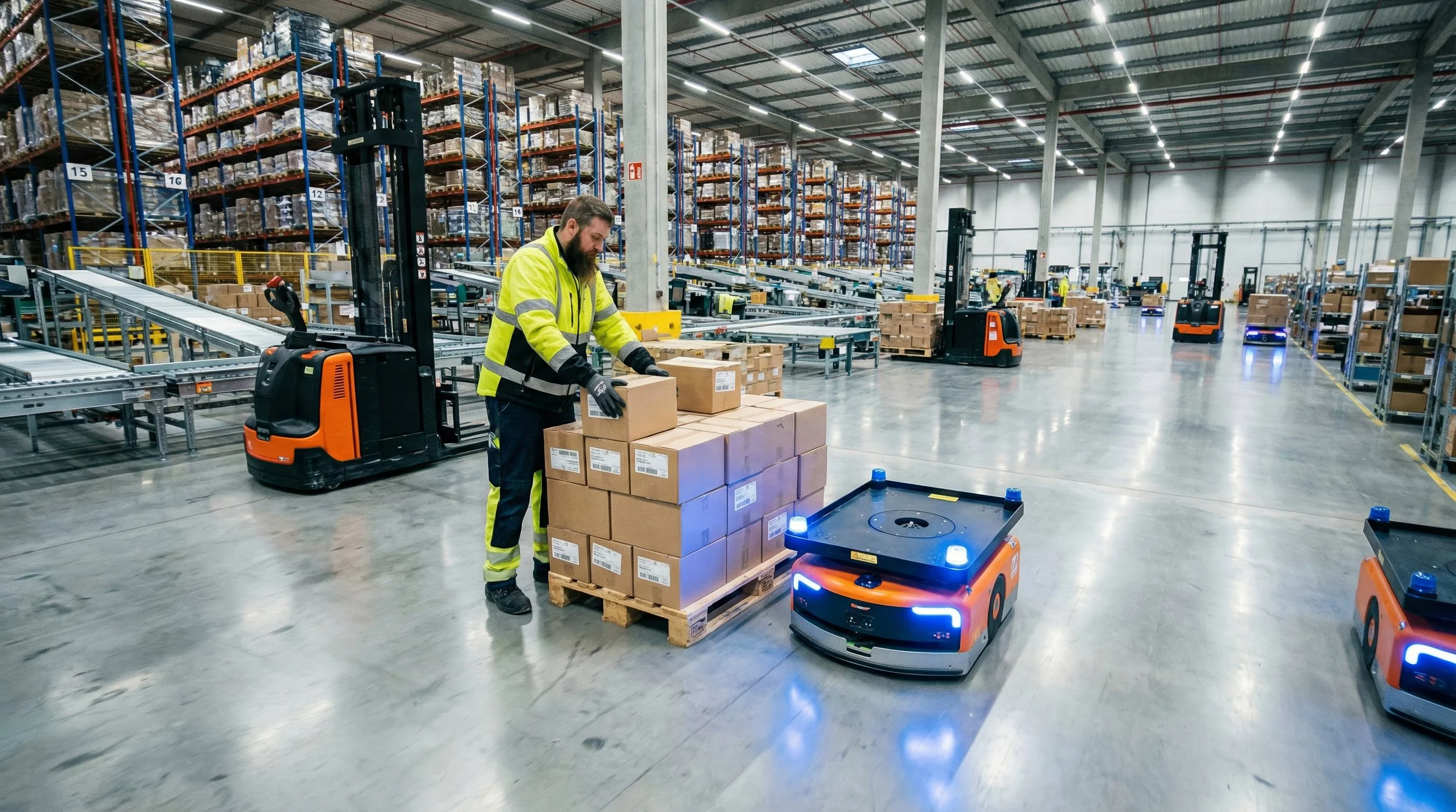 Warehouse worker loading boxes onto an autonomous mobile robot in a large automated warehouse.