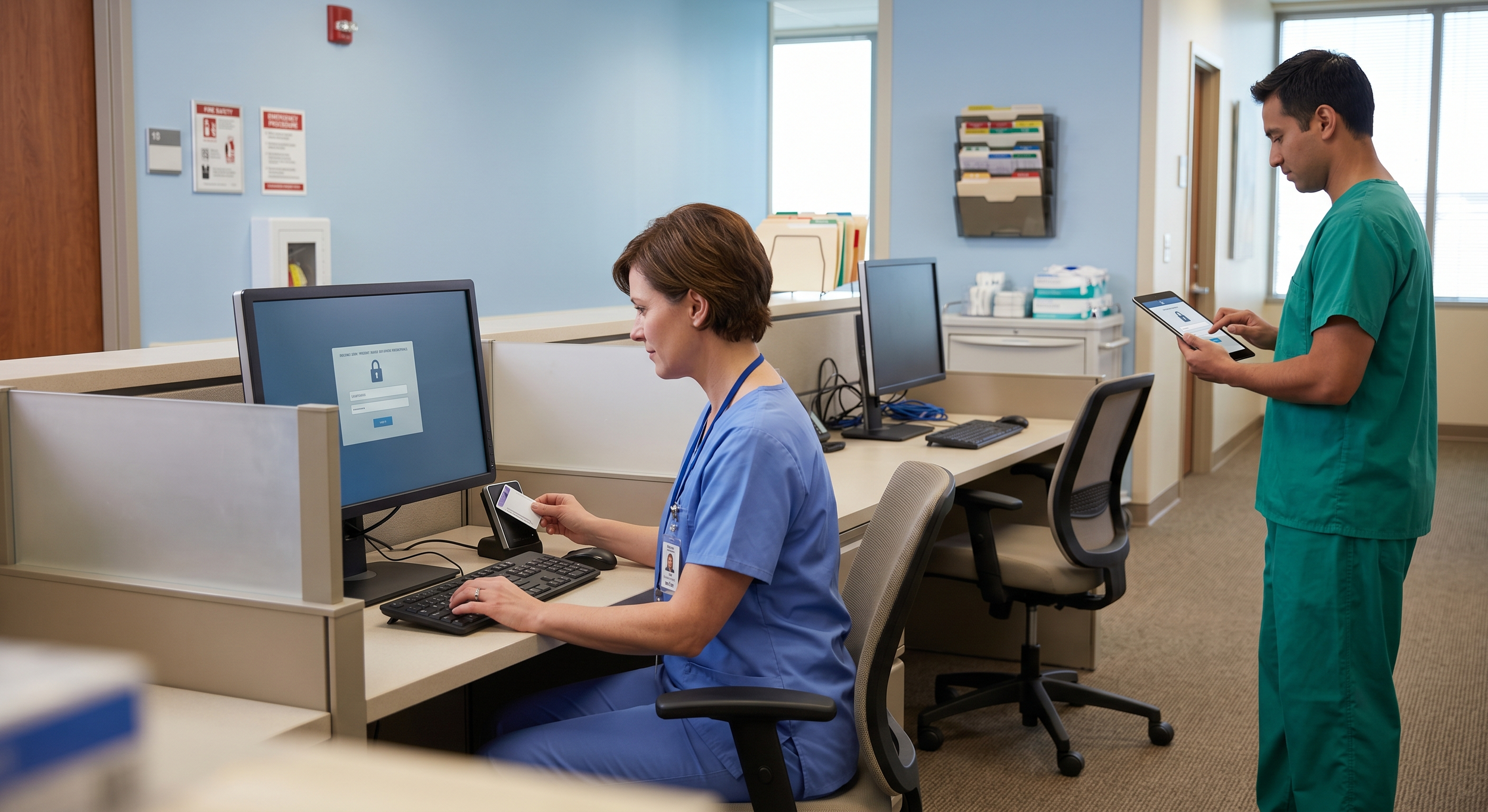 Healthcare clinician using badge authentication to securely access a workstation, illustrating network security and compliance in a clinical environment