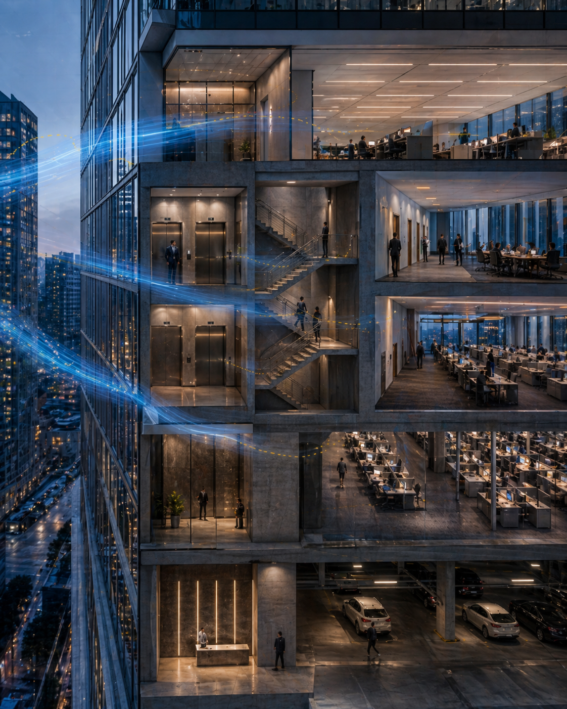 Cutaway view of a modern commercial office building showing blue signal bands weakening as they pass through glass, concrete, stairwells, elevators, office floors, and a parking garage.