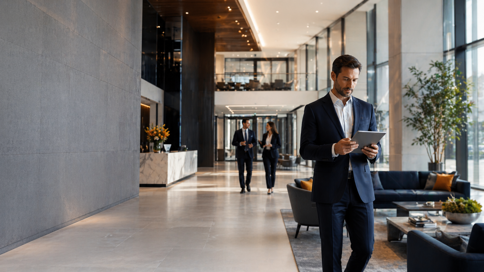 Business professional using a tablet in a modern commercial building lobby, representing cellular DAS and in-building wireless coverage.