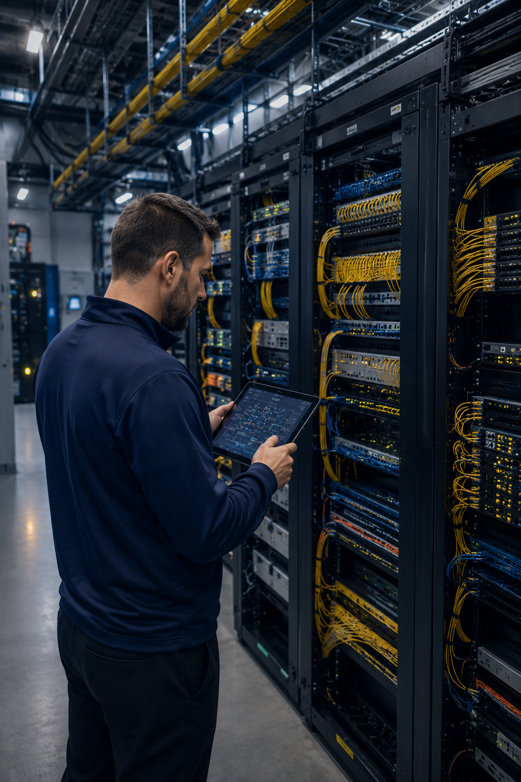 Technician reviewing organized fiber network infrastructure supporting smart stadium operations.