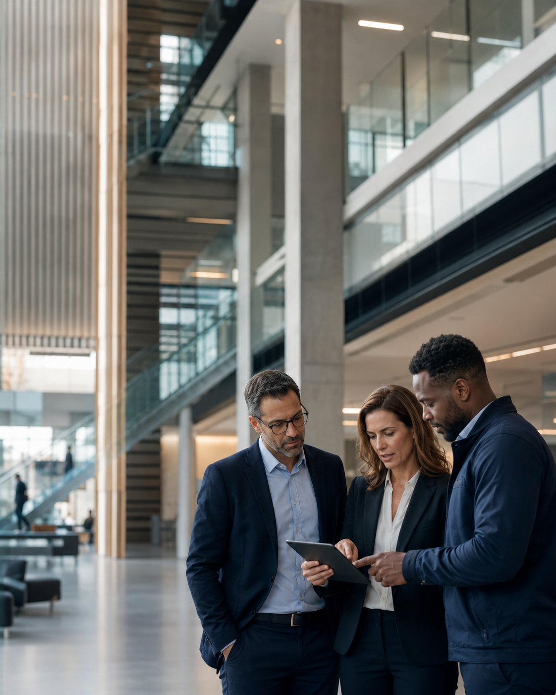 Enterprise IT, facilities, and network professionals collaborating in a modern commercial building