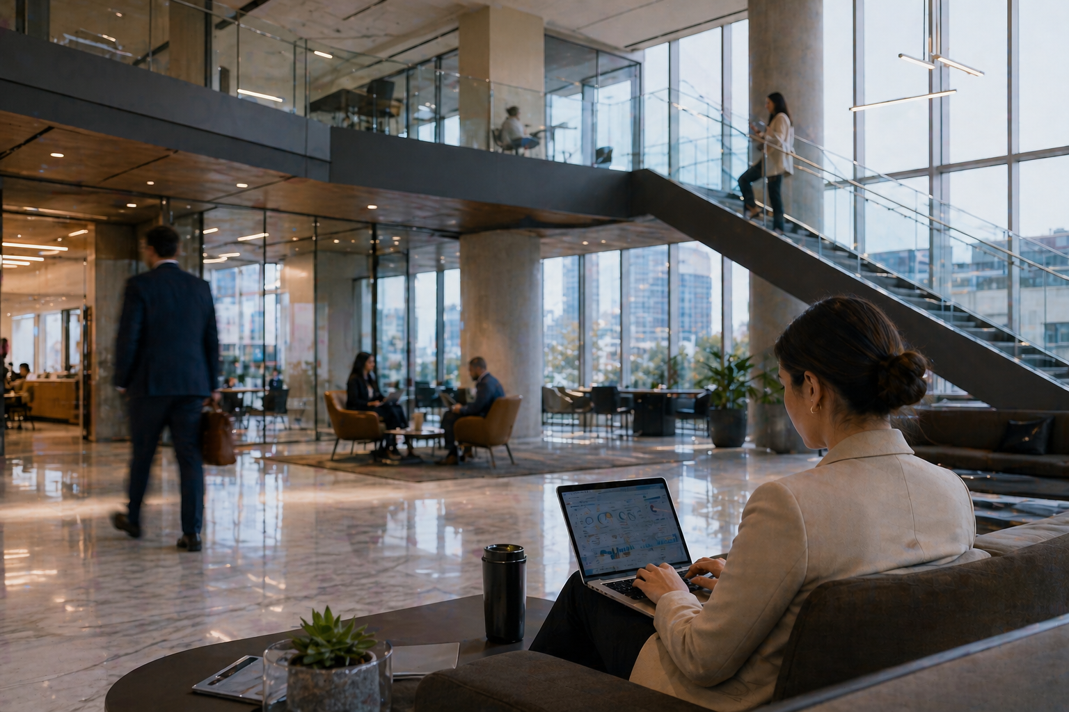 Professionals using laptops and tablets in a modern office amenity space, representing WiFi and network optimization for commercial real estate.