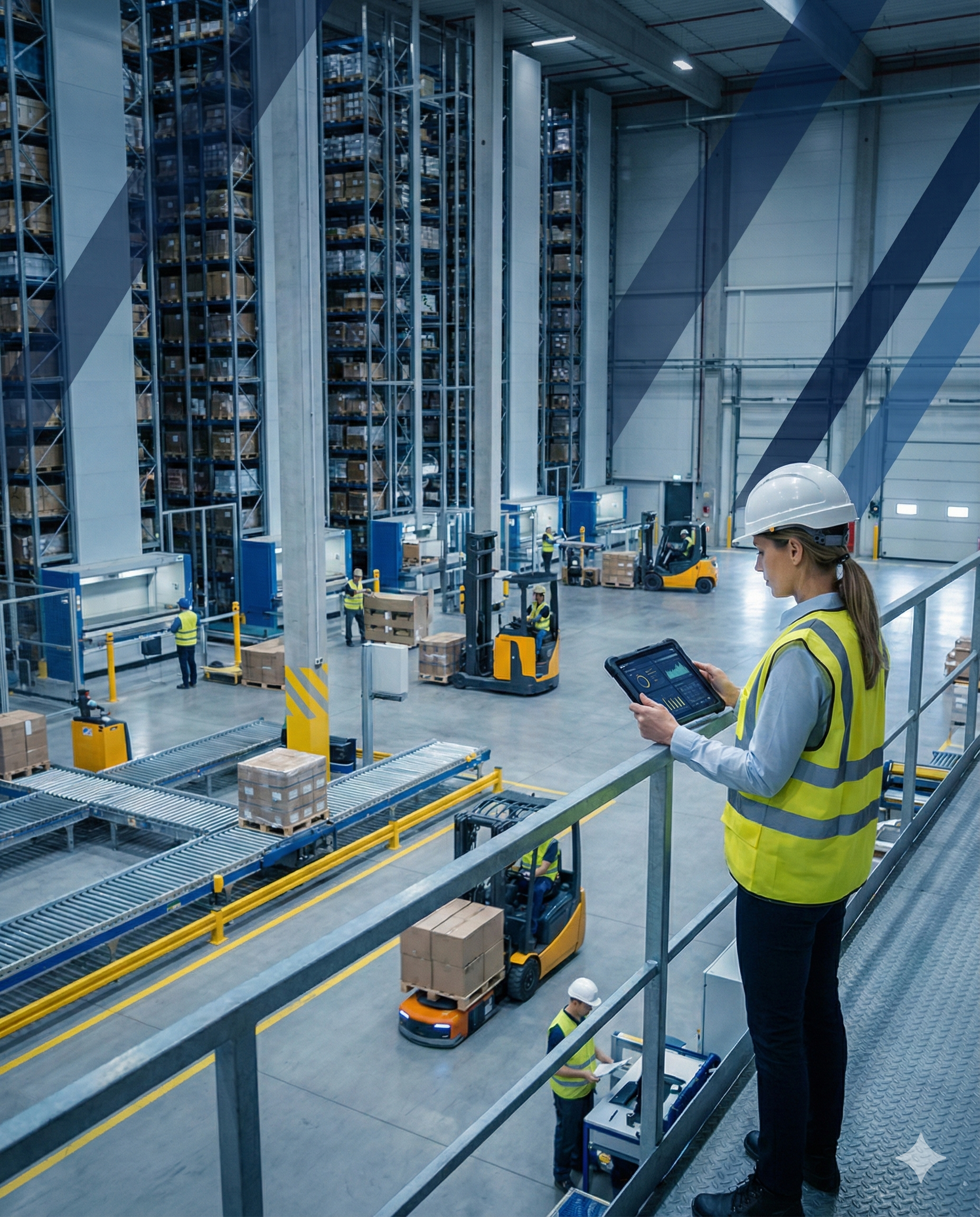 Warehouse distribution center with workers using tablets and forklifts supported by industrial wireless network connectivity