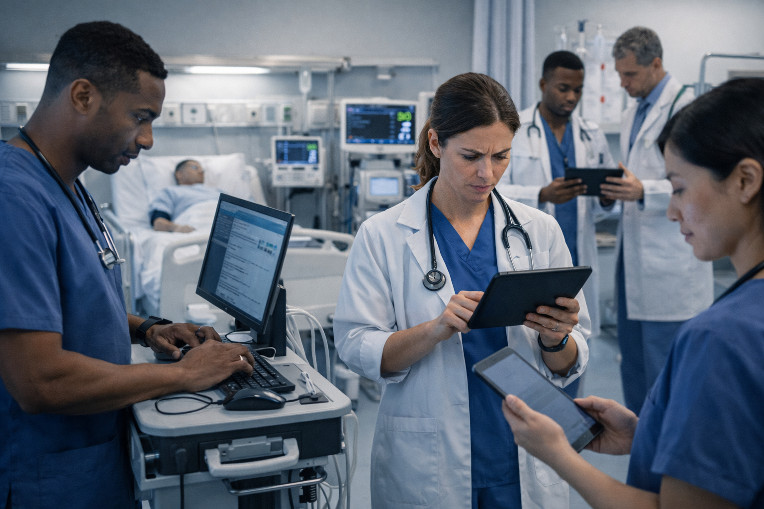 Healthcare clinicians using multiple connected devices in a hospital environment, illustrating increased network demand from digital health technologies