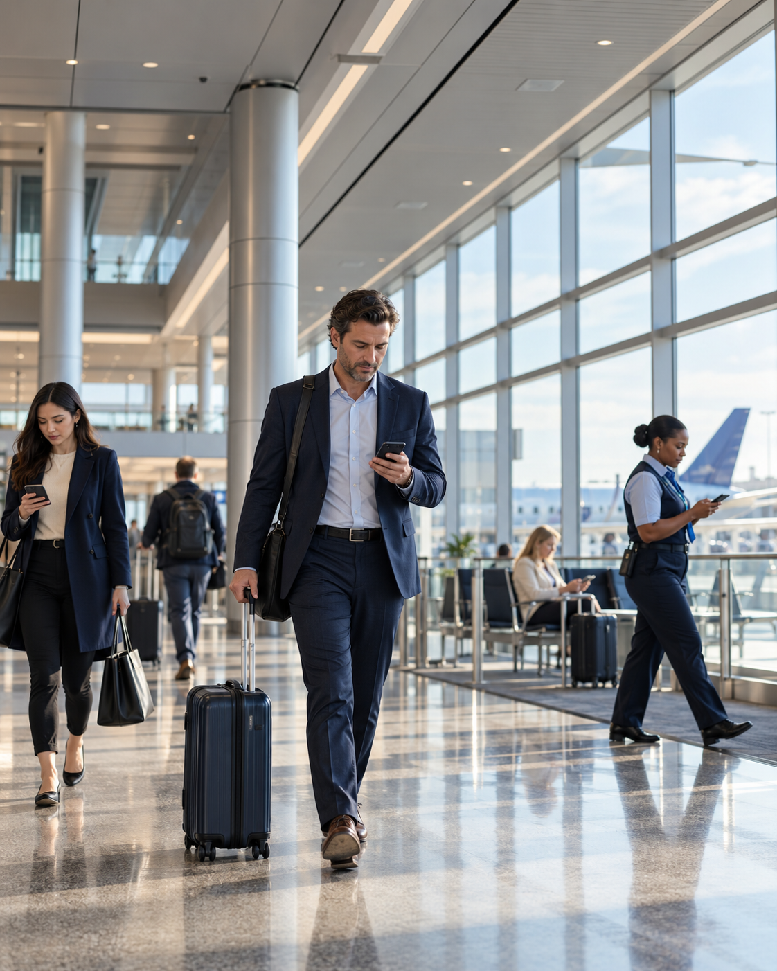 Airport passengers and staff use mobile devices in a terminal supported by in-building cellular coverage.