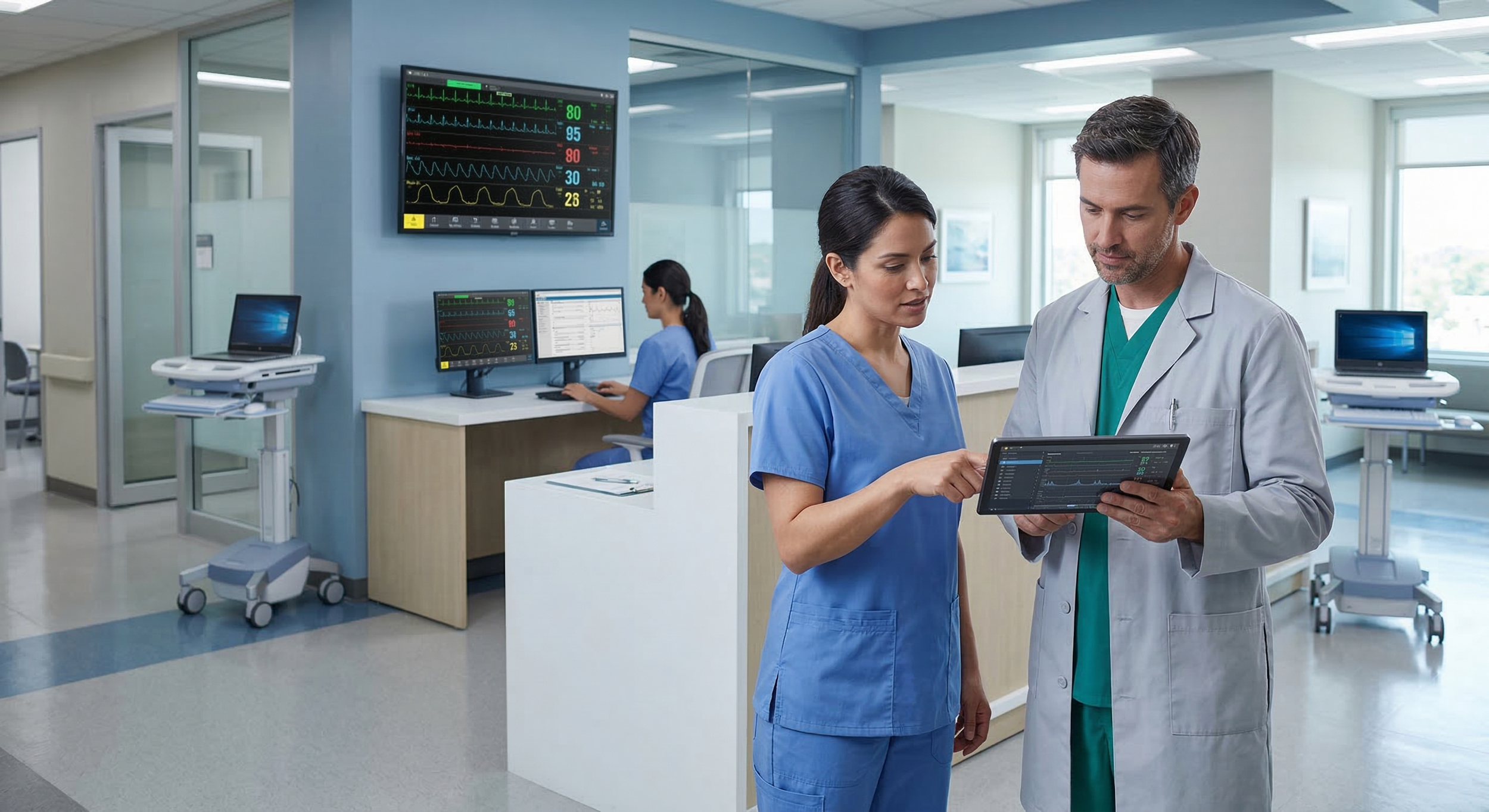 Healthcare professional reviewing connected network data on tablet