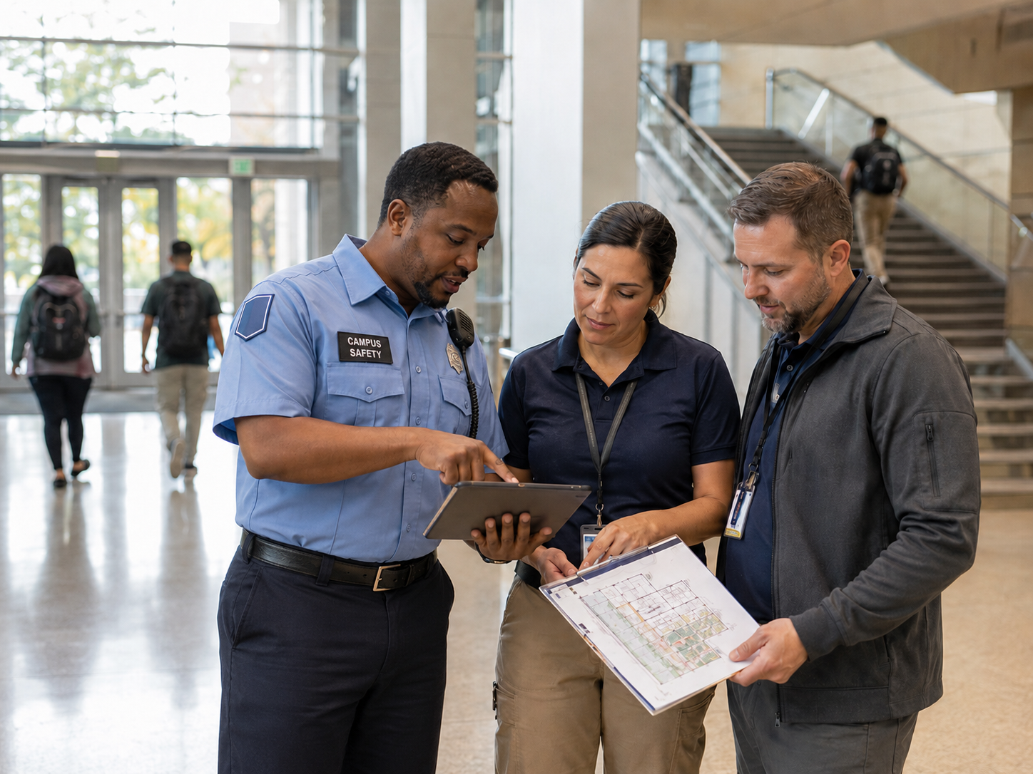 Campus safety and facilities personnel reviewing emergency communications coverage supported by public safety DAS.