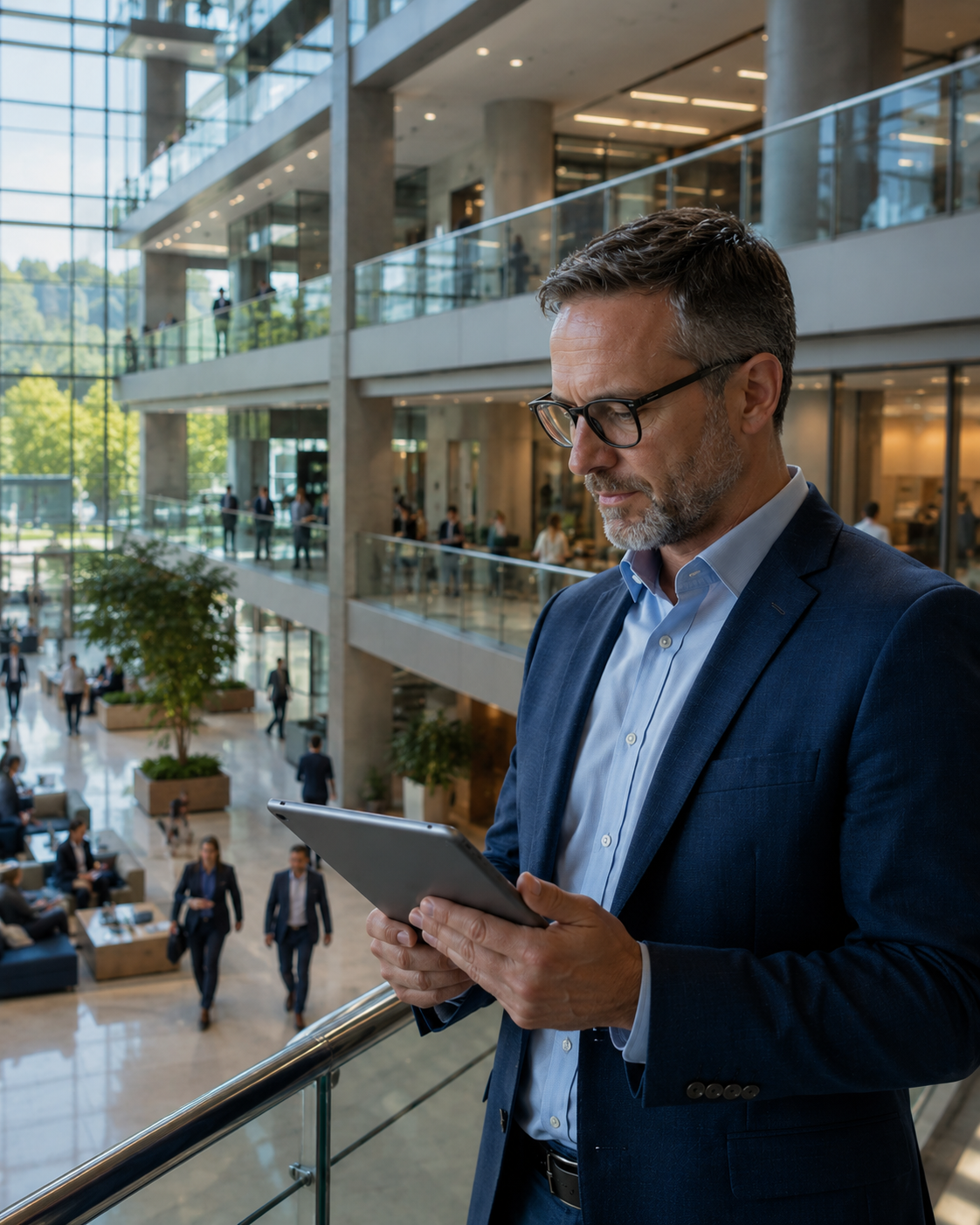 Facilities professional reviewing building operations on a tablet in a modern commercial property