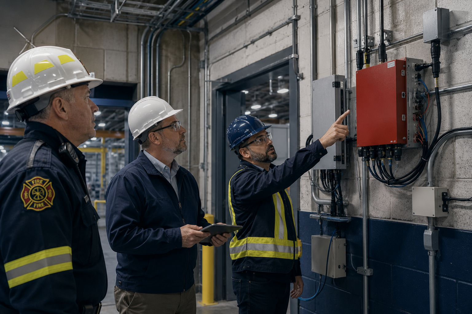 Facility and safety teams inspecting emergency responder radio coverage equipment in an industrial building