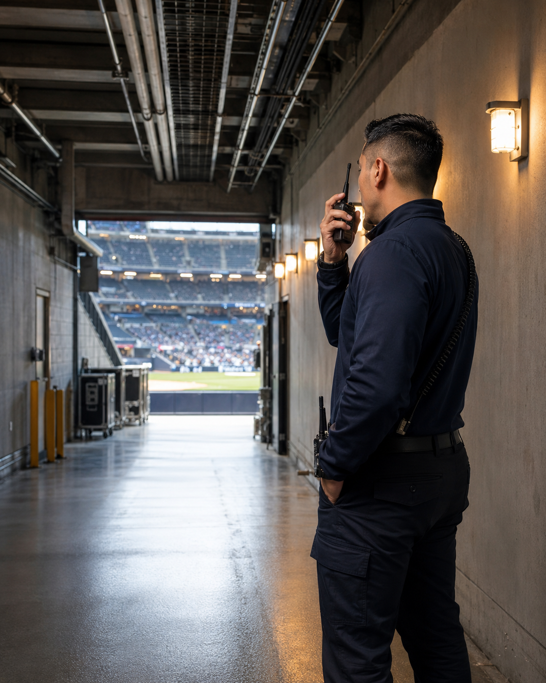 First responder using a radio in a stadium service corridor supported by Public Safety DAS coverage.
