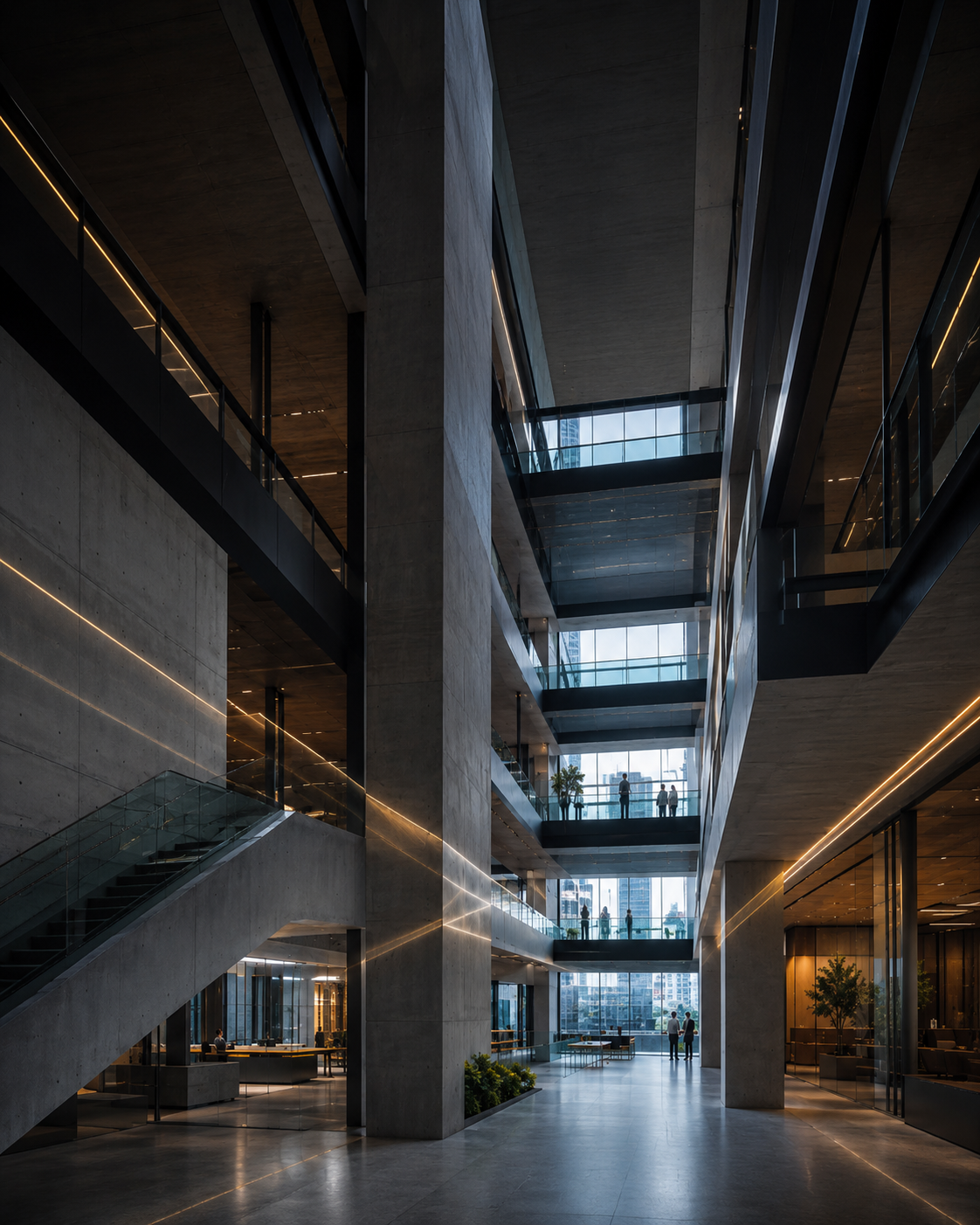 Modern multi-story commercial atrium with concrete, steel, and glass surfaces, accented by subtle bands of light suggesting integrated in-building connectivity infrastructure