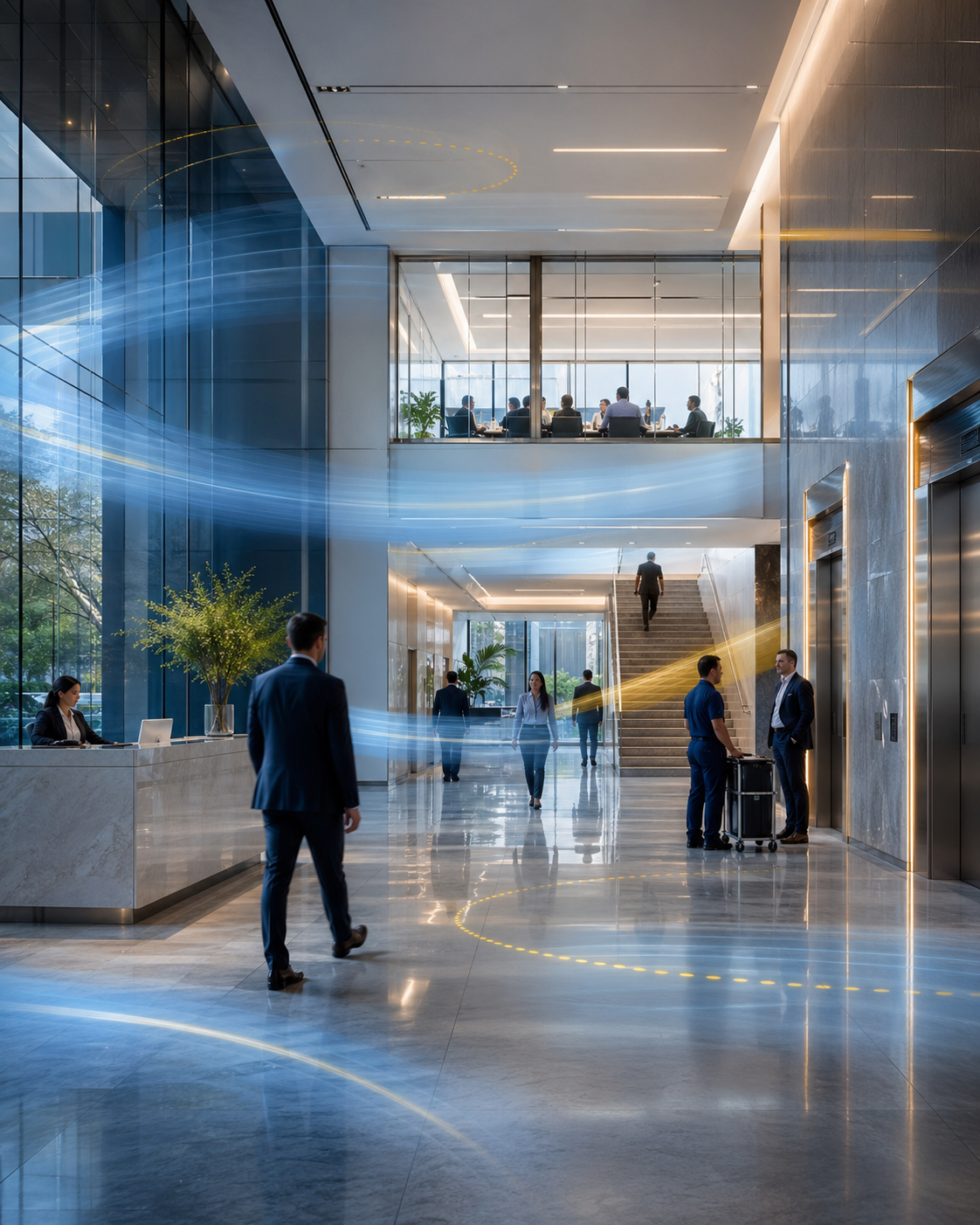 Modern commercial office lobby with people moving through the space as subtle blue and gold light bands visualize indoor cellular coverage across elevators, stairwells, and common areas.