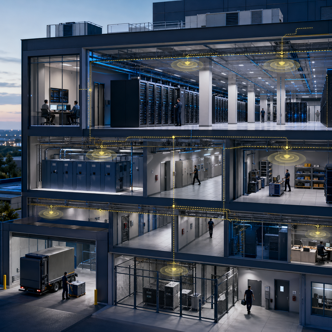 Architectural cutaway of a data center showing fiber-fed DAS pathways extending wireless coverage across server halls, corridors, equipment rooms, loading areas, and secure operational spaces.