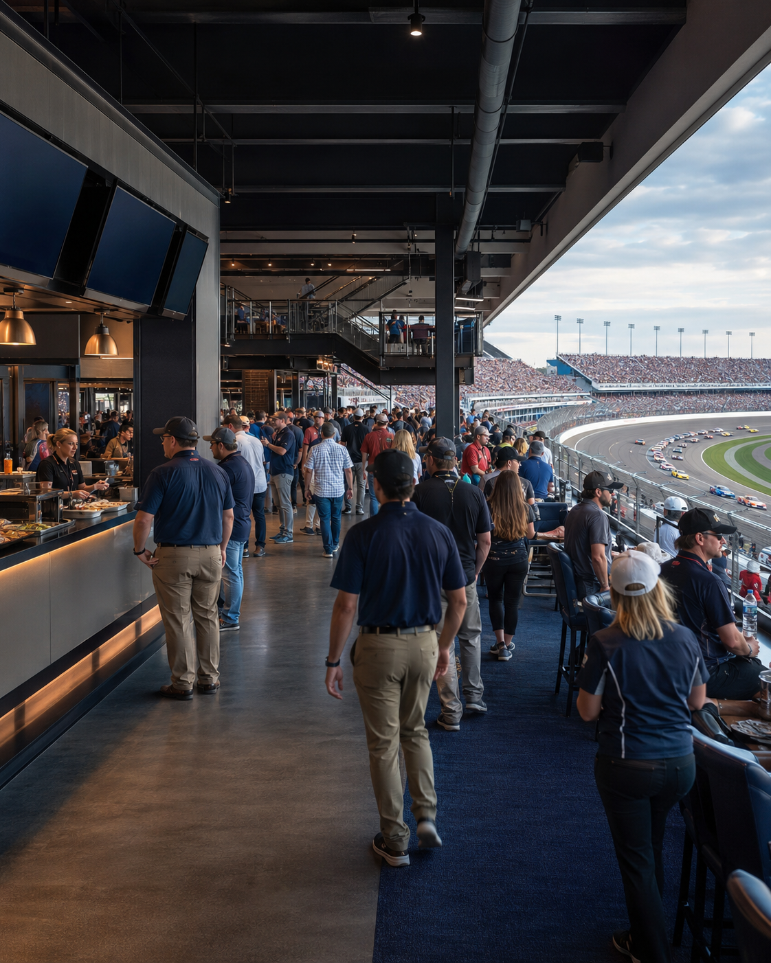 Busy stadium concourse with fans and staff supported by high-density venue Wi-Fi.
