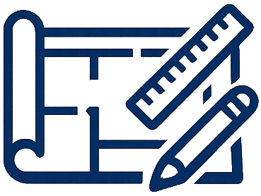Icon depicting drafting tools, including a rolled-up blueprint, a pencil, and a triangle ruler.