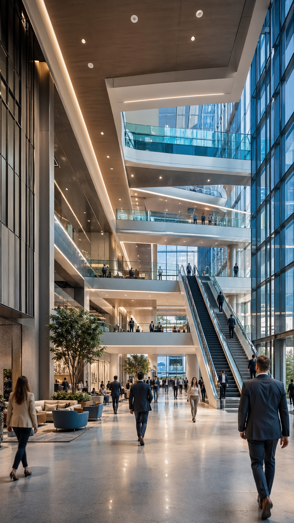 Modern commercial office building where reliable indoor cellular coverage supports tenants, visitors, and building operations.