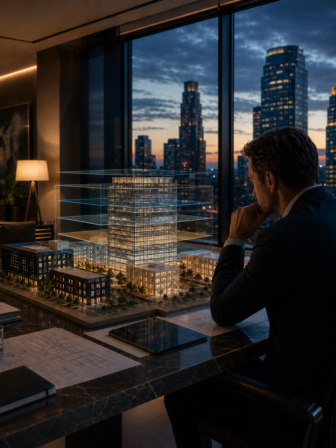 Commercial real estate executive reviewing a wireless strategy model for cellular, Wi-Fi, private wireless, and public safety planning.