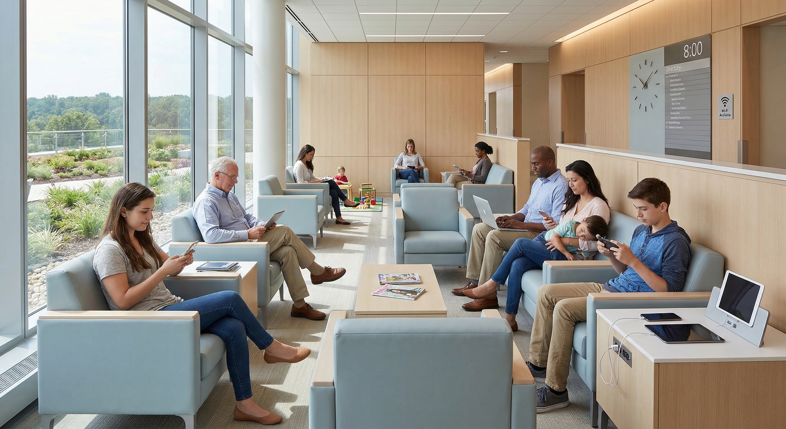 Patients and staff using mobile devices on a hospital Wi-Fi network in a waiting area