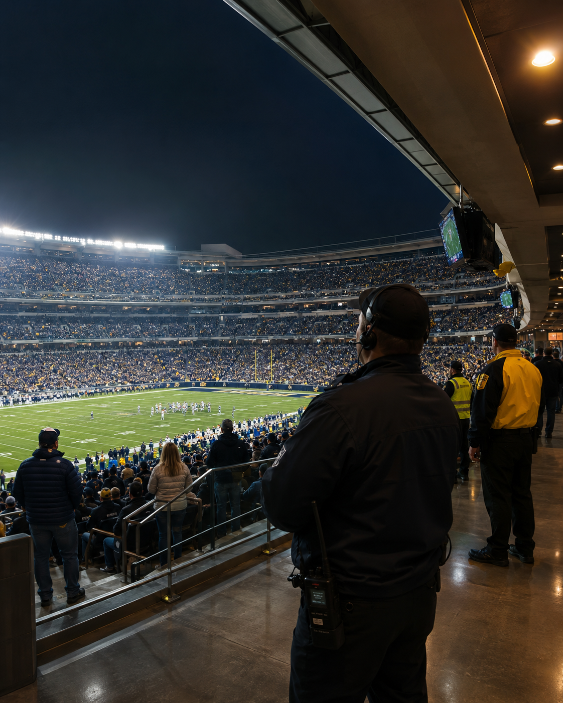 Packed stadium concourse and seating bowl supported by reliable wireless connectivity for fans, staff, operations, and public safety.