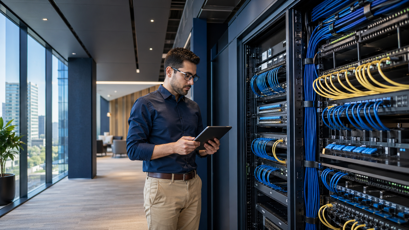 Technician reviewing network equipment in a modern commercial building, representing Optical LAN infrastructure for commercial real estate.
