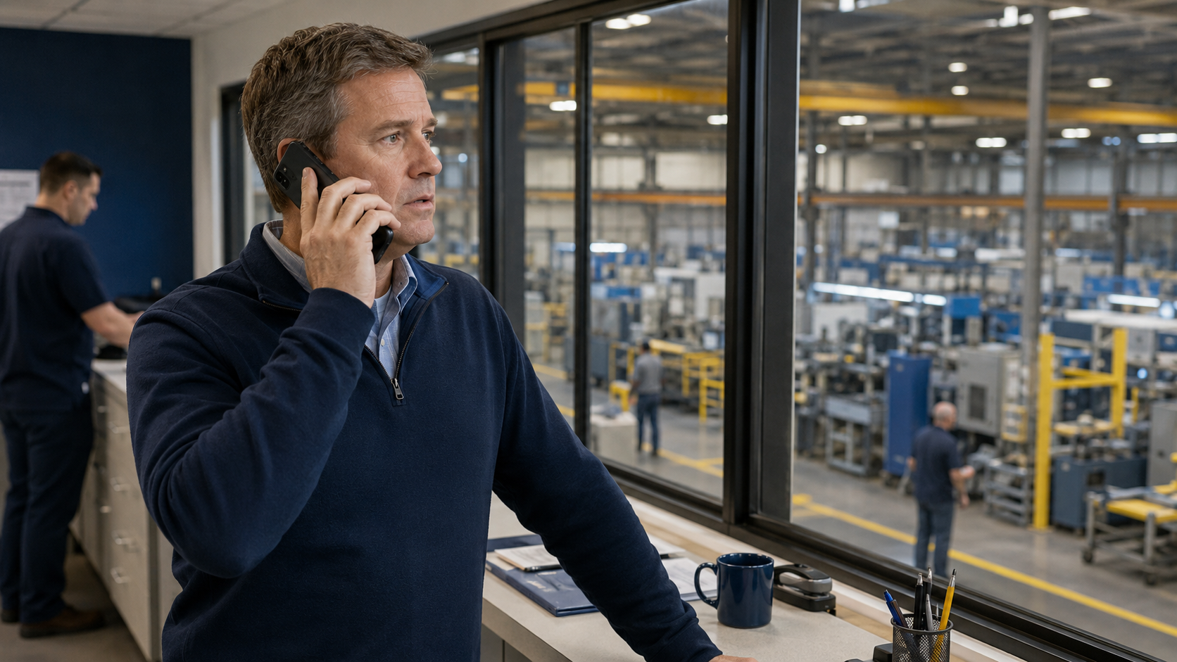 Manufacturing supervisor using a cell phone in an office overlooking the factory floor