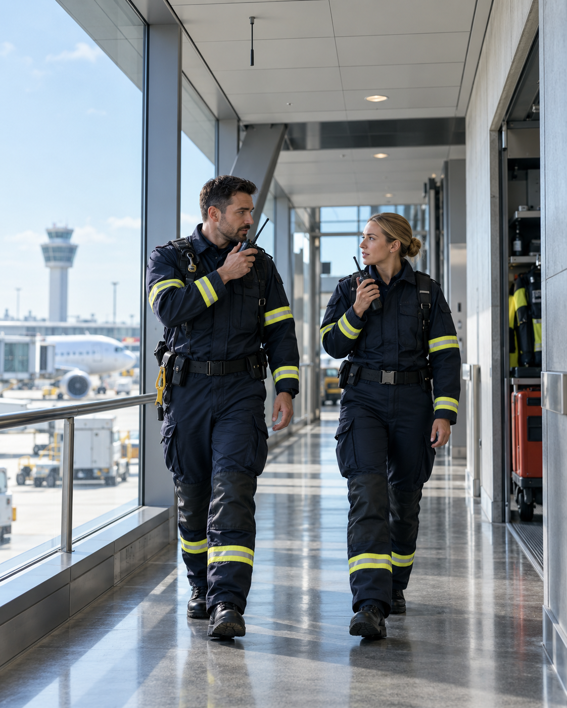 Airport fire and rescue personnel use handheld radios inside a terminal corridor.
