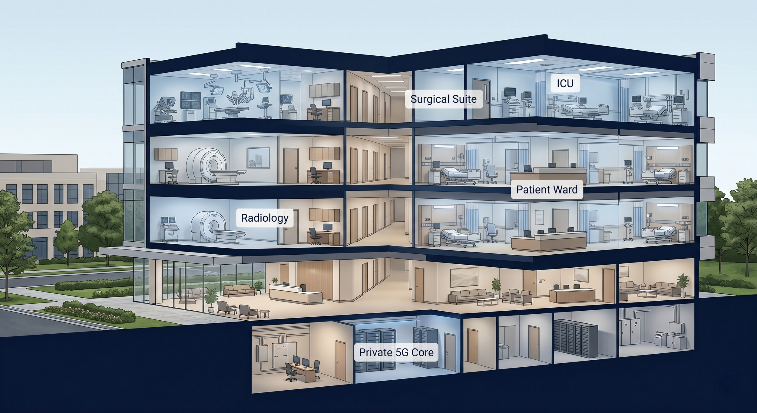 alt="Private 5G network in a hospital showing connectivity across ICU, radiology, patient wards, and centralized network core"