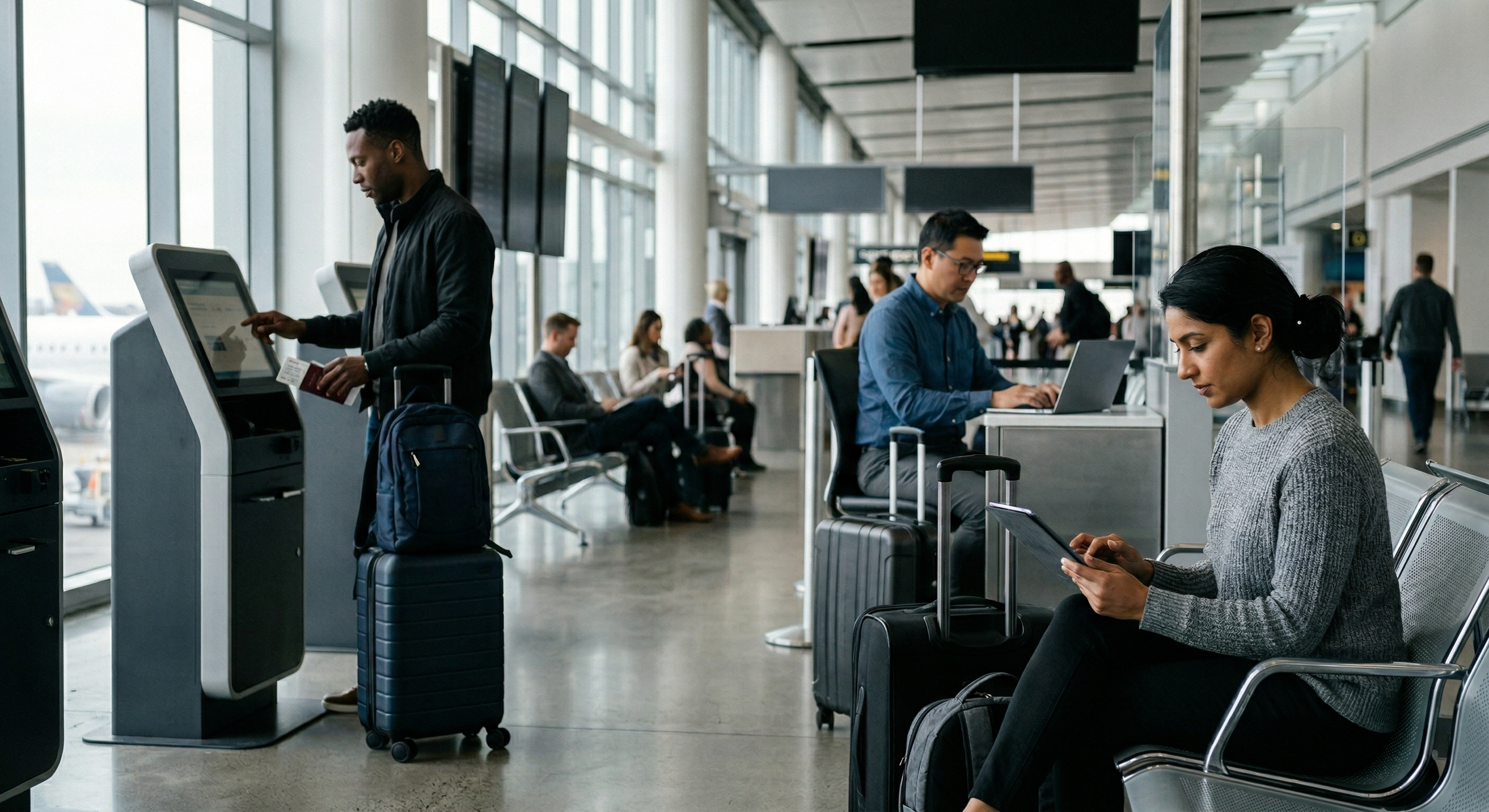 Passengers and an airline employee use connected devices in an airport gate area with with Wi-Fi