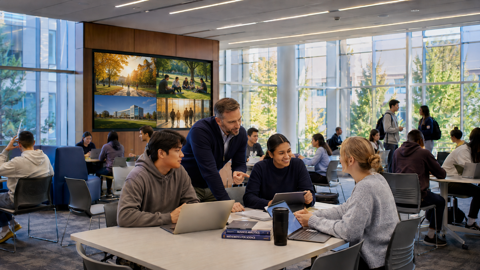 Students and faculty using connected learning tools in an education environment supported by modern Wi-Fi.
