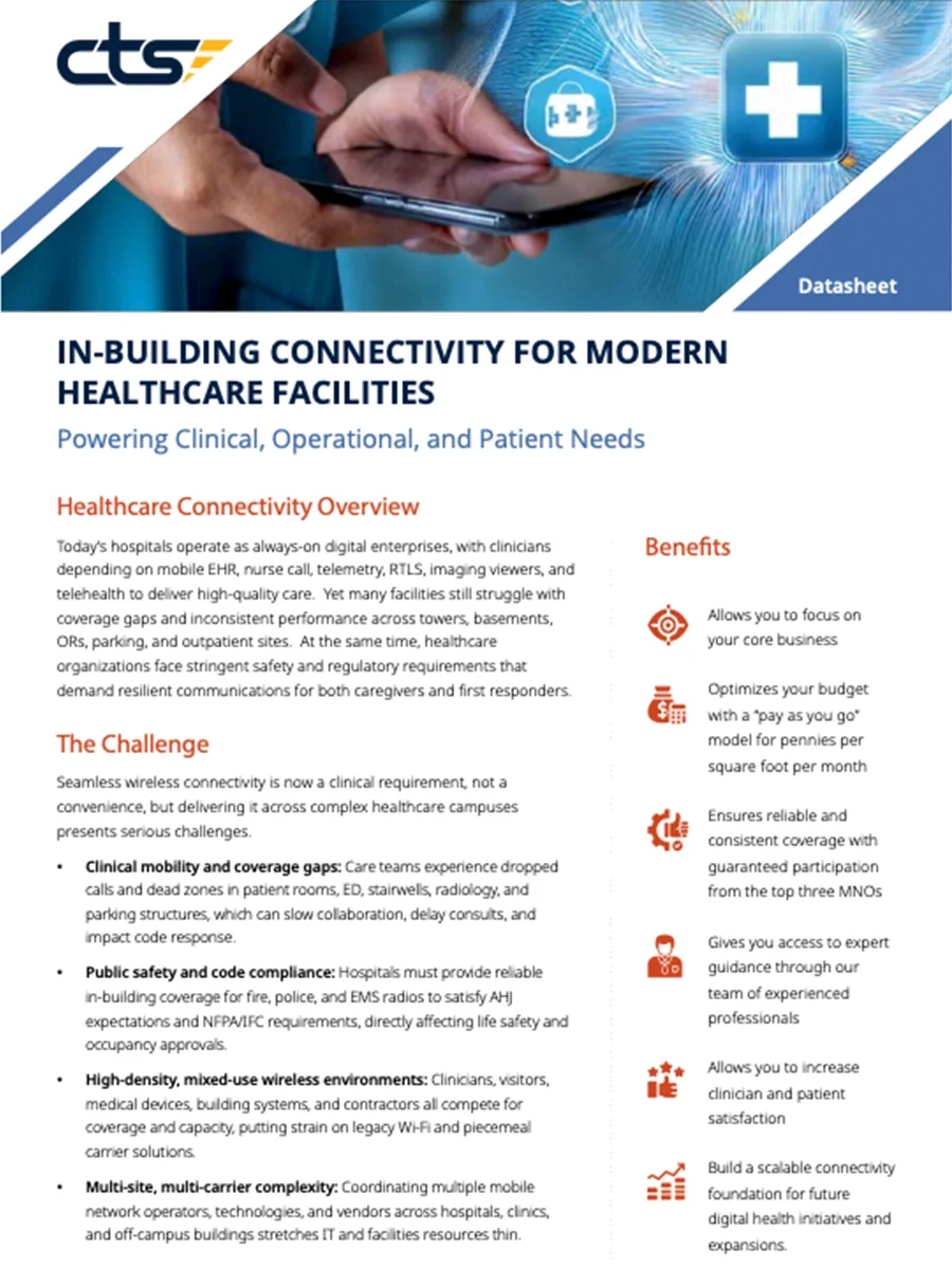 Healthcare in-building wireless connectivity datasheet supporting clinical and operational needs