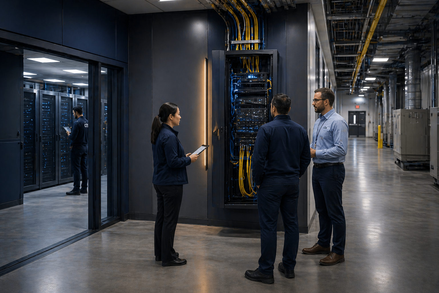 Data center operations professionals review signal source infrastructure supporting DAS performance in a secure technical corridor.