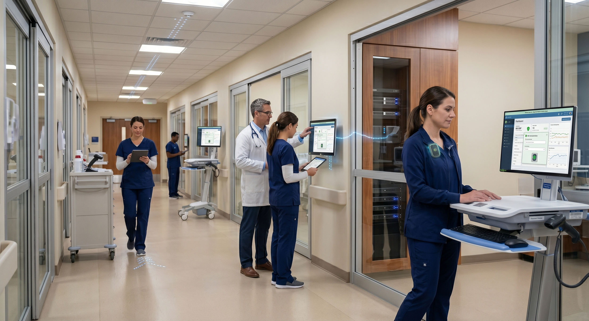 Healthcare teams using connected systems for real-time coordination across departments