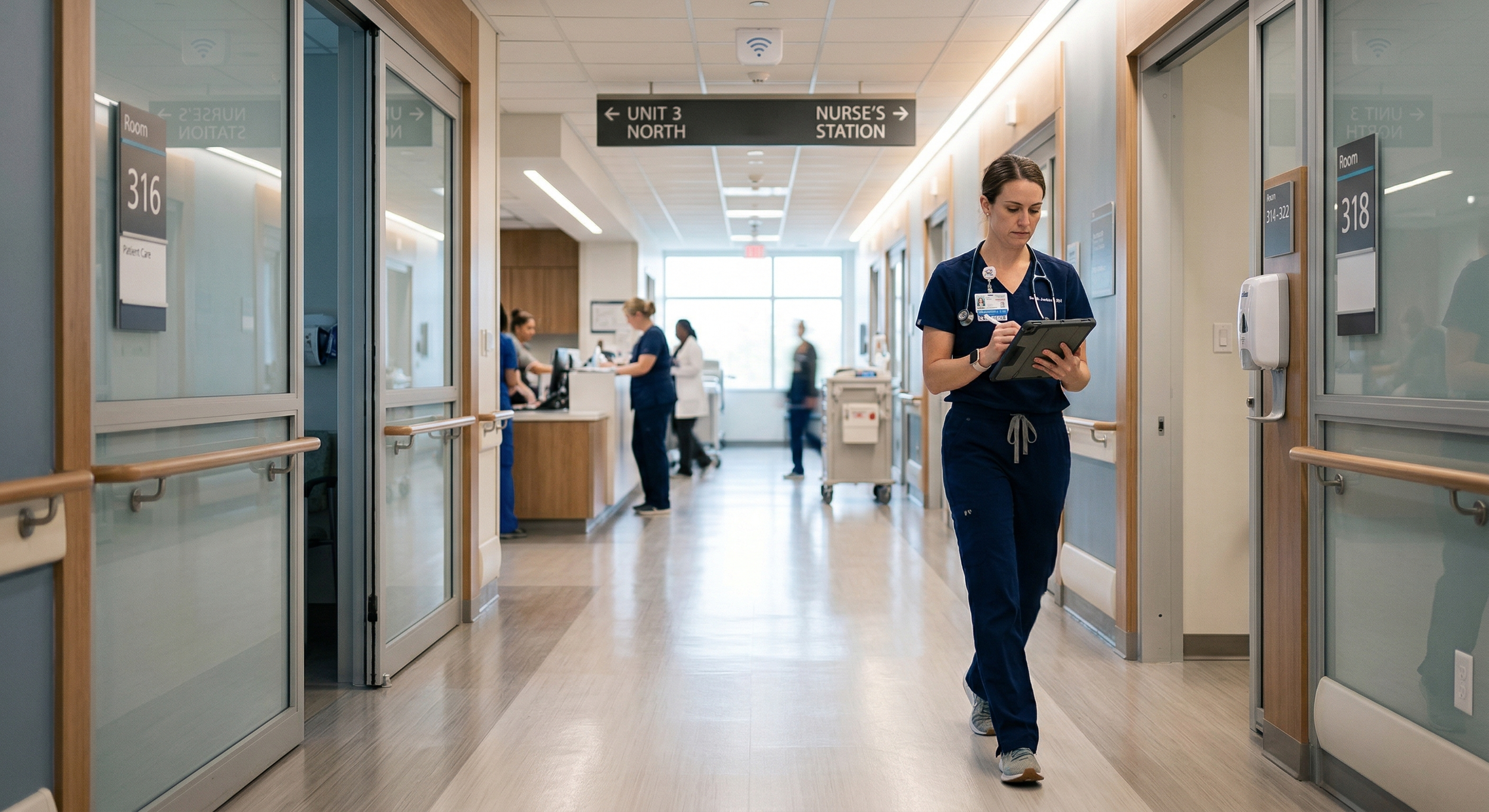 Nurse using a tablet in a hospital corridor with reliable cellular connectivity for clinical communication