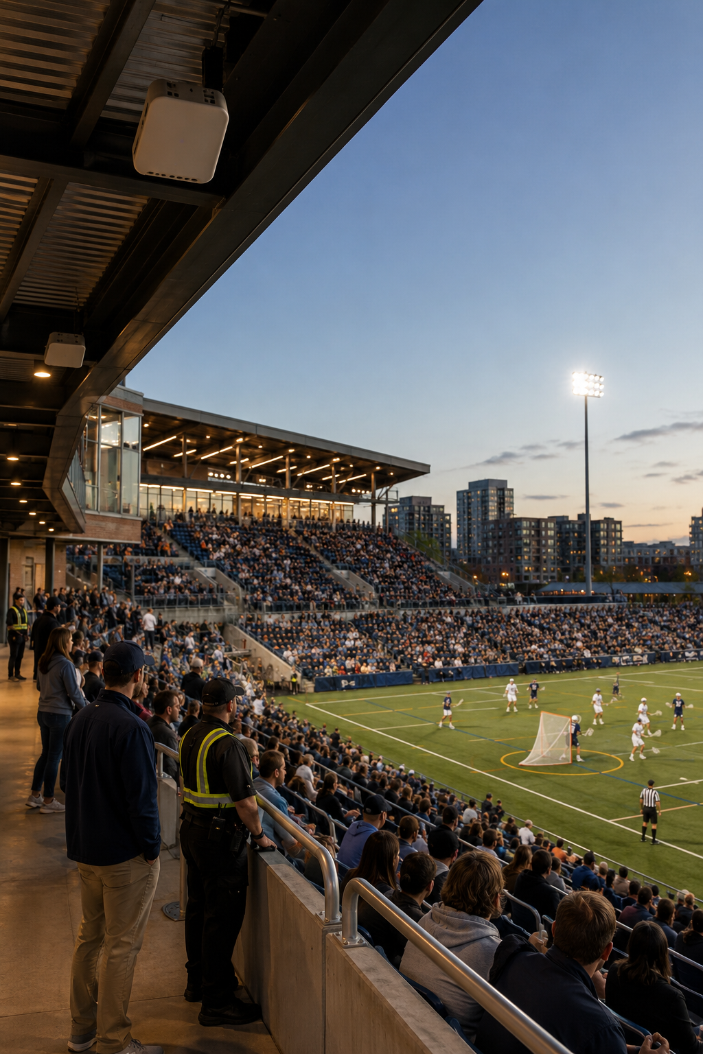 Modern outdoor stadium during a live lacrosse event, showing dense seating, field activity, concourse operations, and discreet ceiling-mounted wireless infrastructure.