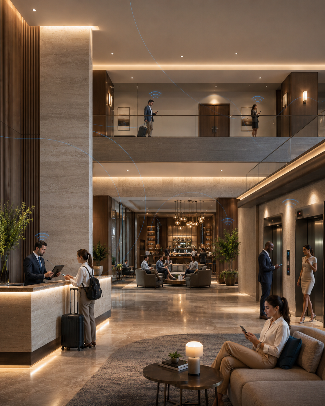 Modern luxury hotel with guests and staff using mobile devices across connected lobby, lounge, elevator, and upper-level spaces