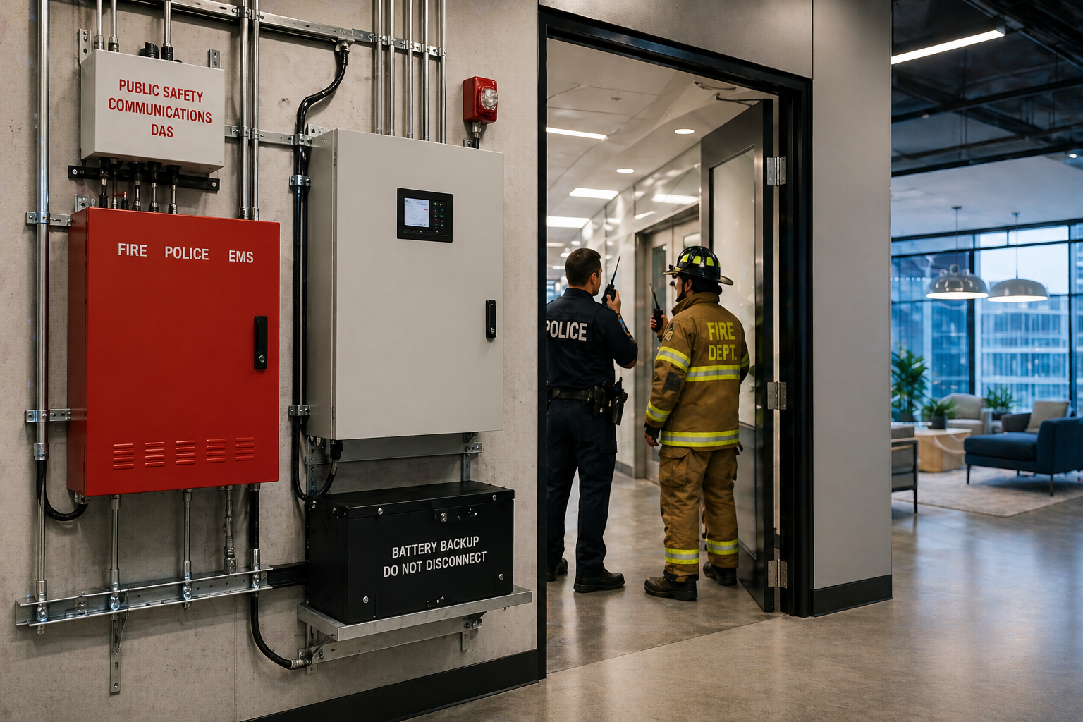 First responders in a modern commercial building, representing public safety DAS and emergency radio coverage for commercial real estate.