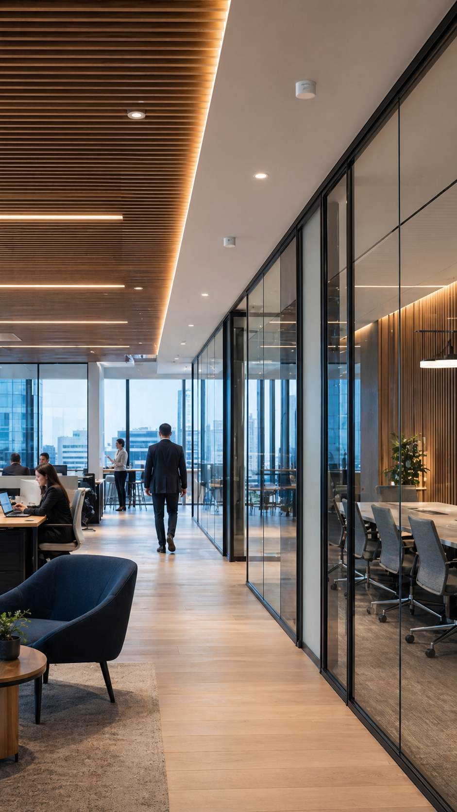Modern commercial office interior with small cell infrastructure supporting indoor cellular connectivity.