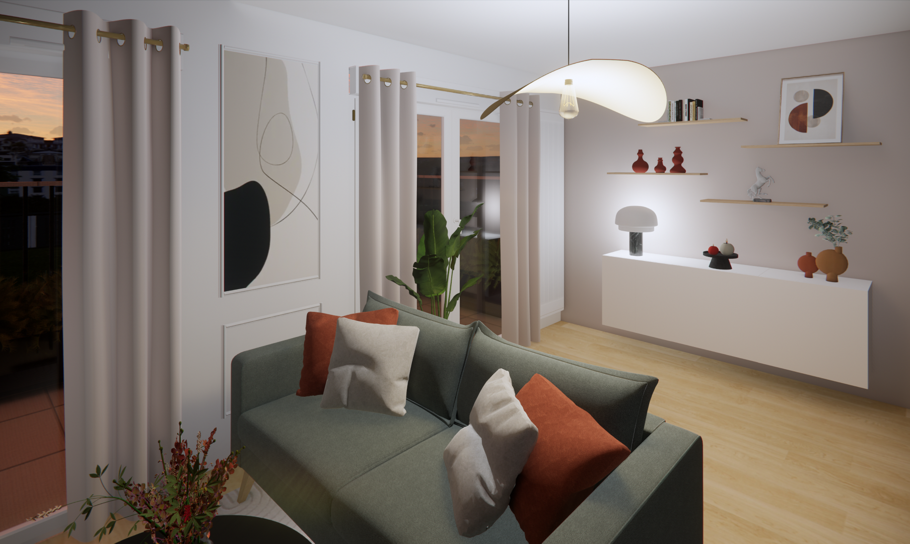 3D d'un salon avec vue sur le canapé et meuble de rangement avec décoration moderne