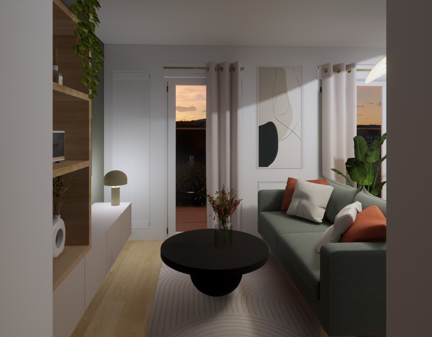 3D salon, vue depuis l'entrée sur la table basse, le canapé et le meuble TV, décoration moderne