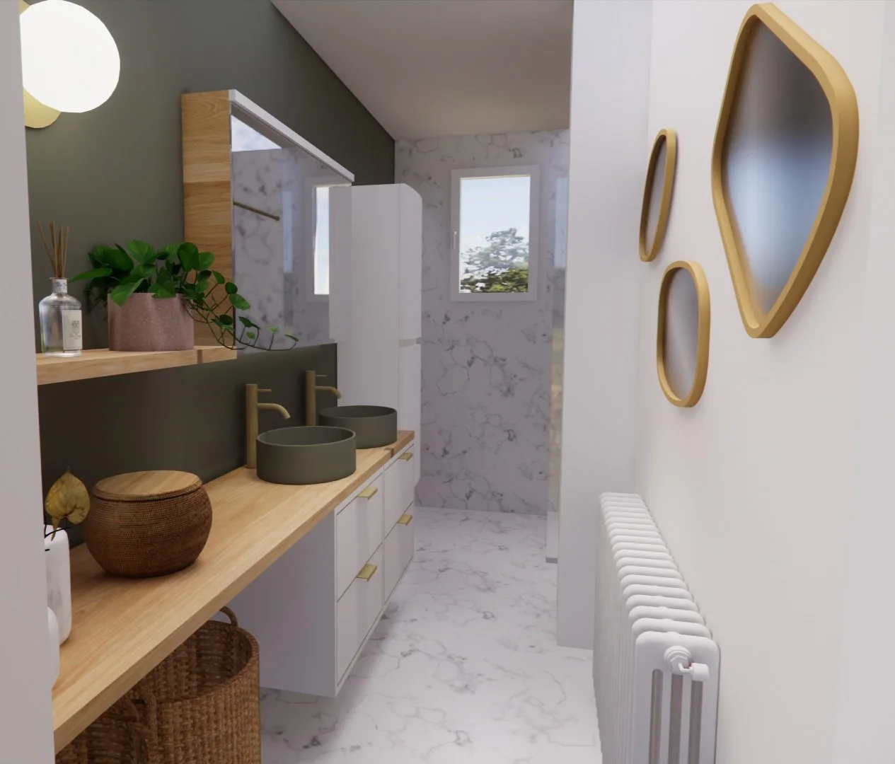 Salle de bain moderne avec miroirs suspendus en bois, vasques rondes sur un plan de travail en bois, murs en marbre blanc, fenêtres laissant entrer la lumière, décoration avec des plantes et accessoires en matériaux naturels.