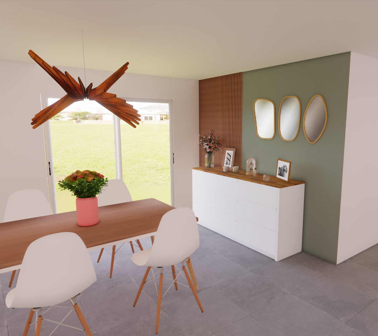 3D d'un salon avec table à manger en bois et meuble blanc