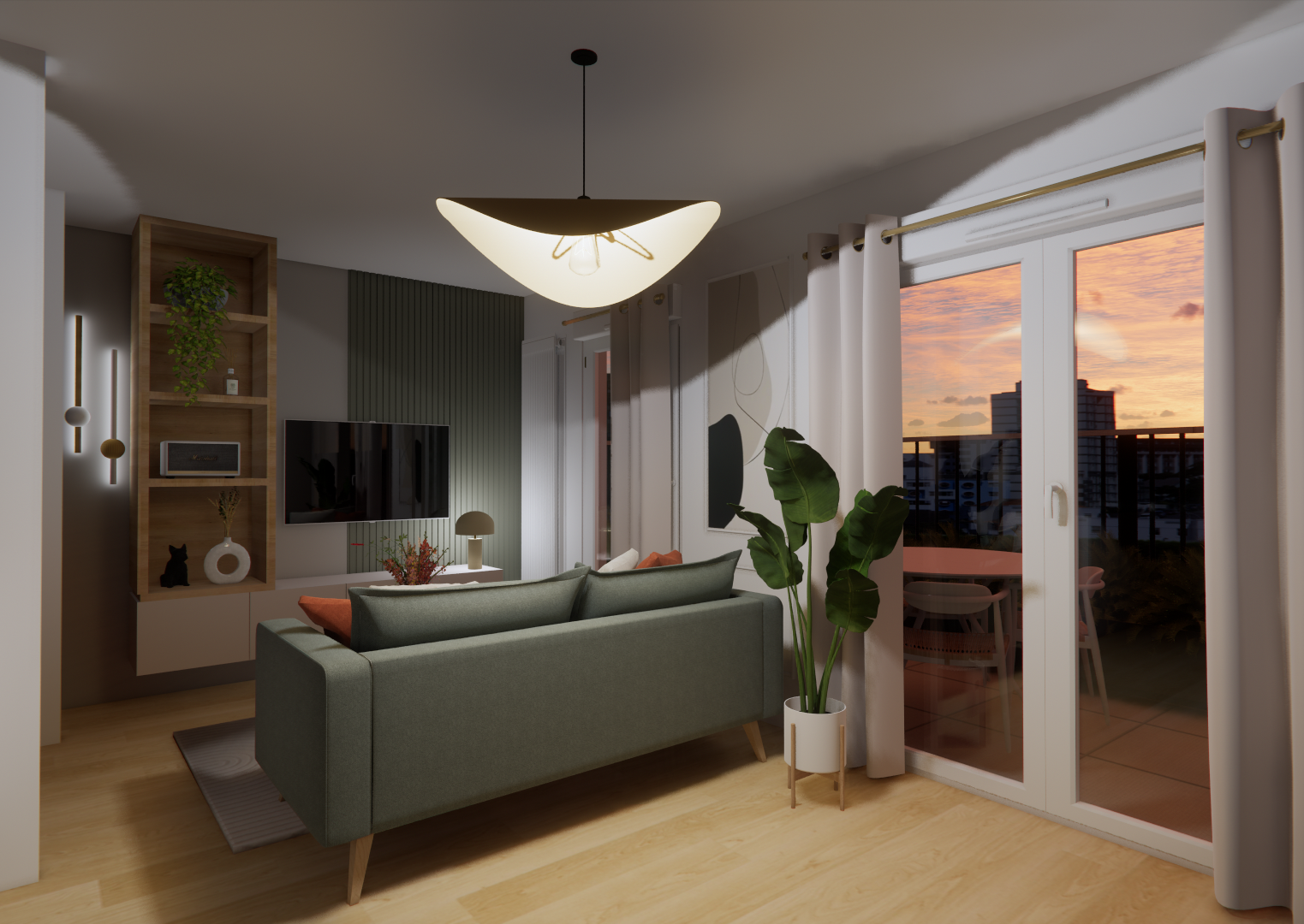 3D d'un salon avec canapé, meuble TV, ambiance chaleureuse au coucher du soleil