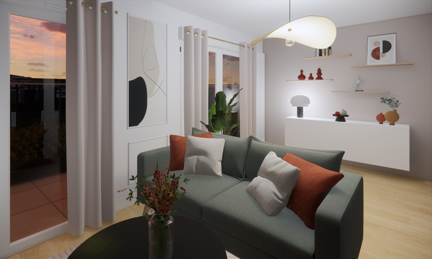 3D d'un appartement Nantais avec canapé, table basse et meuble
