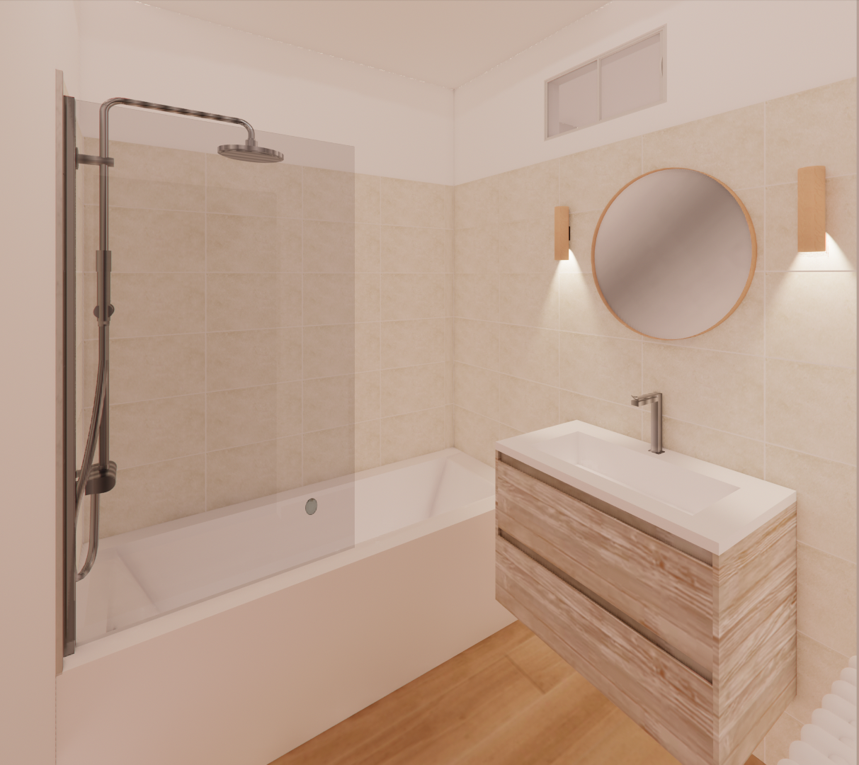 3D d'une salle d'eau moderne et dans les tons de beige, baignoire blanche, vasque en bois et miroir