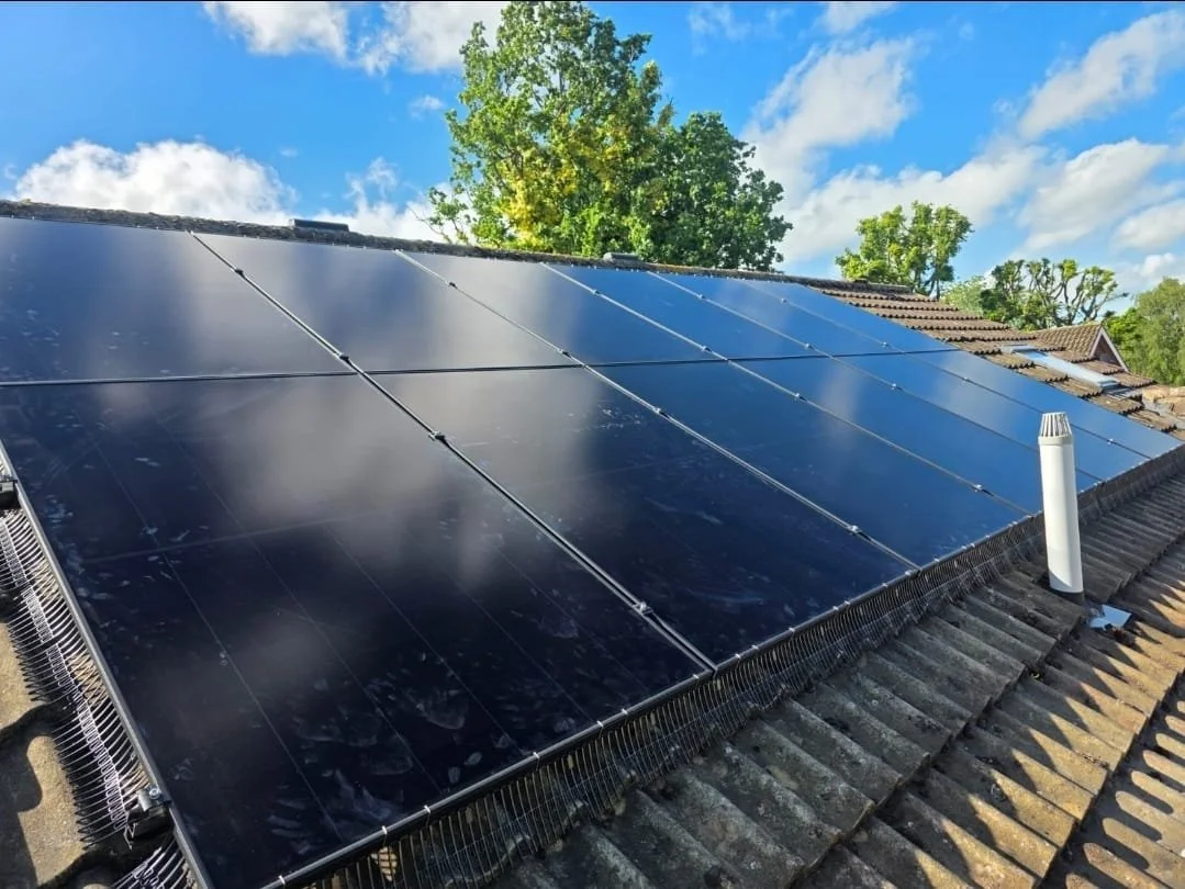Black solar panels installed on a sloped residential roof with trees and blue sky in the background.