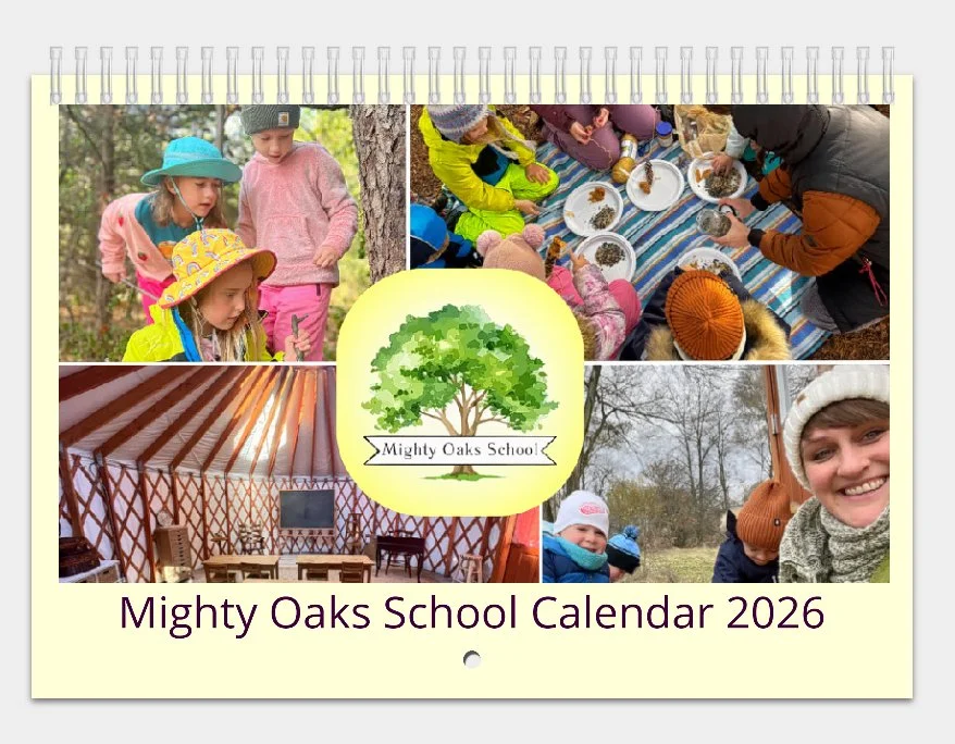 Collage of children outdoor learning activities, an indoor yurt, and an outdoor group with a woman, with a central logo of a green oak tree and the text "Mighty Oaks School."