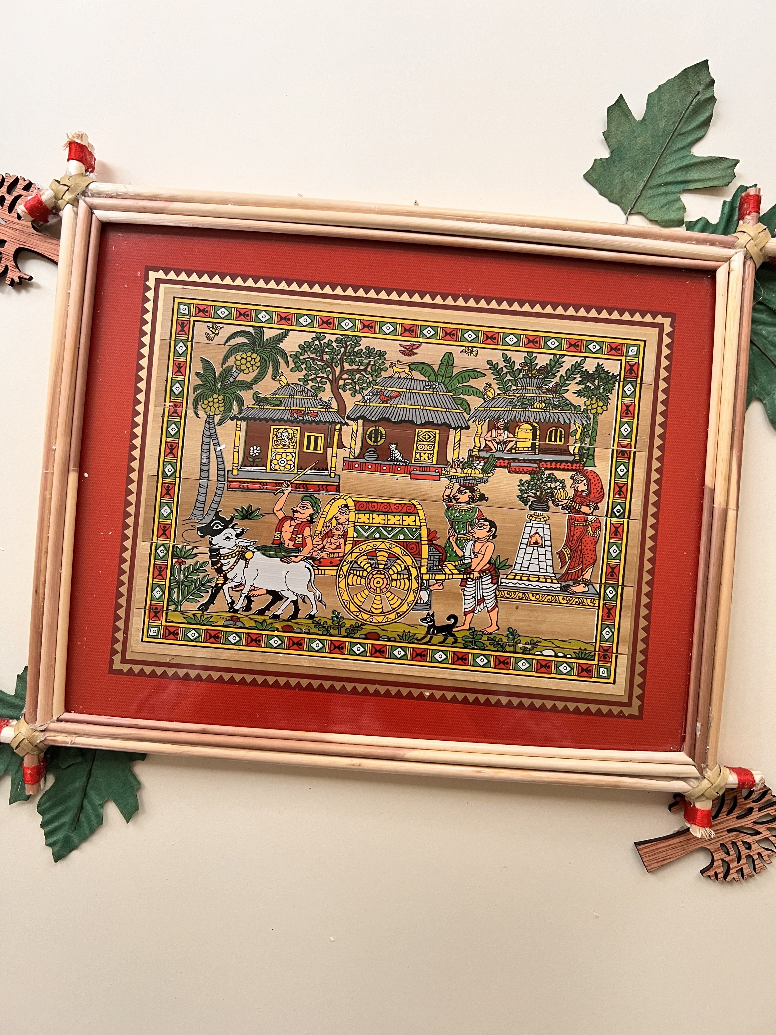 Handmade Pattachitra Bullock Cart Village Scene Painting – Bamboo Frame