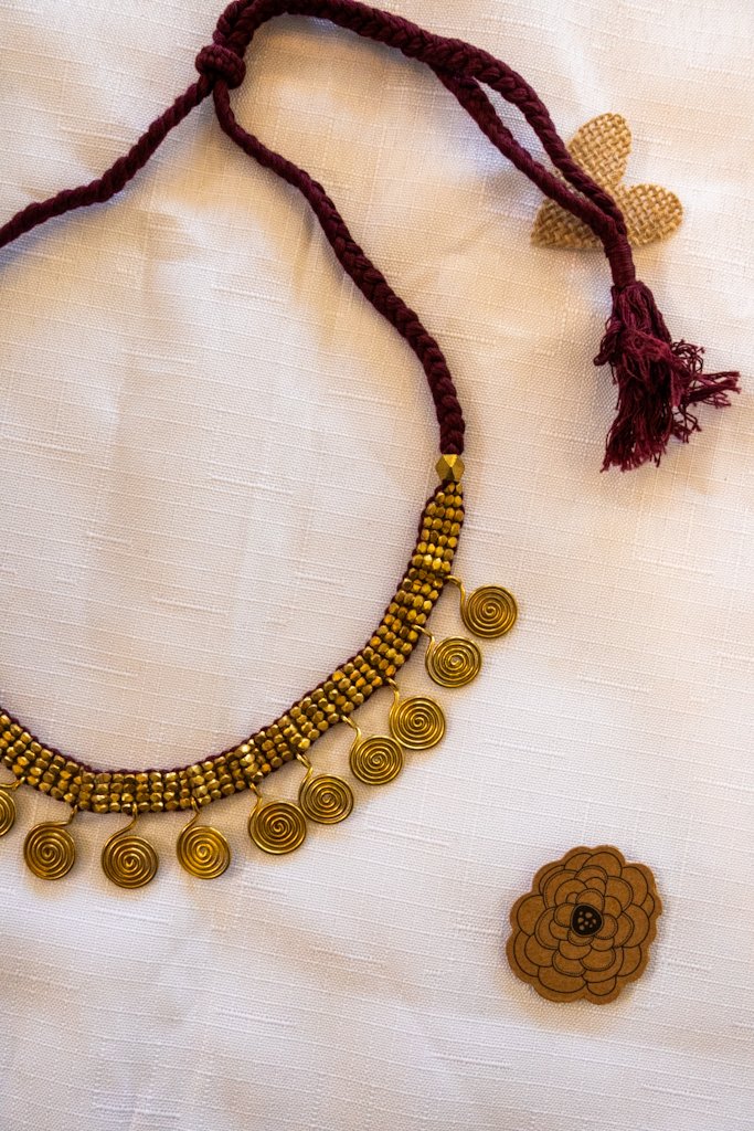 Handmade Dhokra Brass Spiral Pendant Necklace – Woven Bead Chain