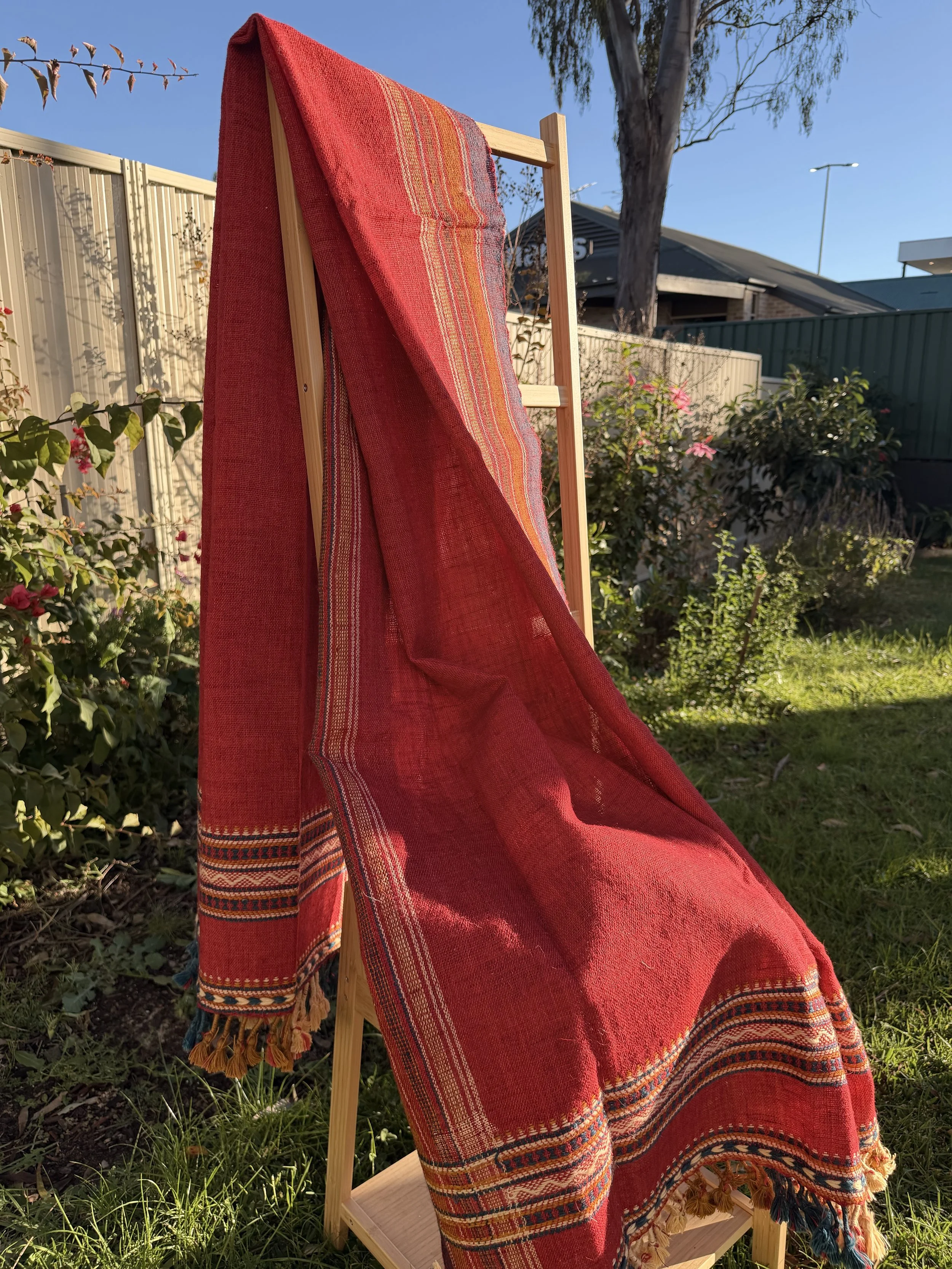 Handwoven Bhujodi Wool Throw Deep Red with Multicolour Kutch Motifs Tassels